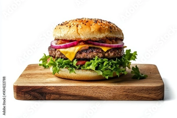Obraz Juicy hamburger with melted cheese, fresh veggies, and sesame bun on a wooden board