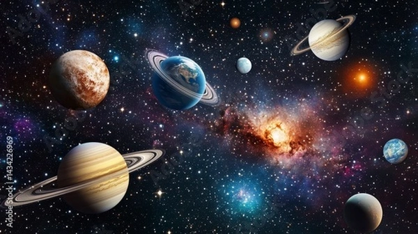 Fototapeta Vibrant depiction of the solar system, showcasing planets, rings, nebula, and stars in a cosmic expanse.