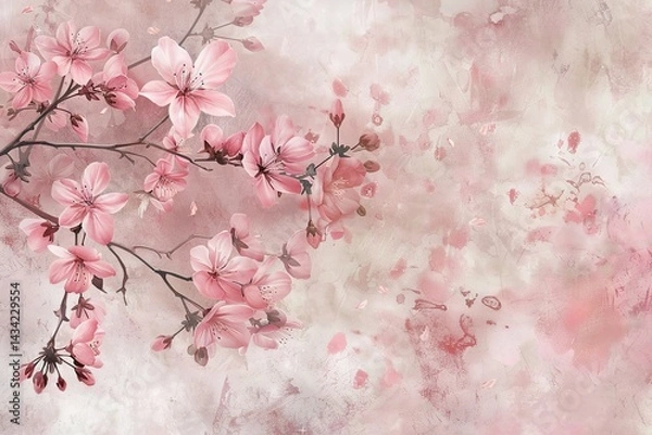 Fototapeta Elegant pink blossoms on branches painted with soft hues against a textured backdrop