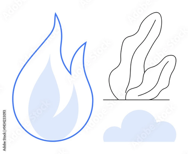 Fototapeta Minimalist fire flame, abstract plant, and soft cloud emphasize natural elements and harmony. Ideal for sustainability, environment, balance, ecology, logos, climate change simple landing page