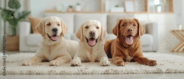 Fototapeta Three friendly dogs sit on a rug in a cozy living room, showcasing their playful expressions and warm companionship.