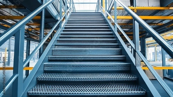 Obraz Industrial staircase in a warehouse made with high-strength galvanized steel grates and expanded metal railings