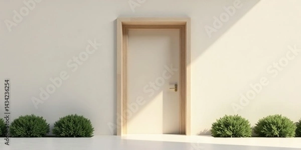 Fototapeta Modern Minimalist Entrance with Light and Shadow Featuring a Simple Door and Lush Greenery