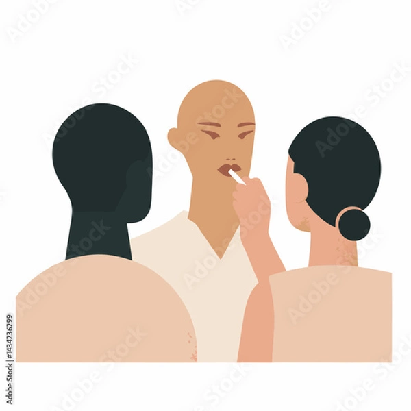 Fototapeta Abstract group illustration showing a person applying lipstick to another in a beauty session. Stylized and elegant flat design perfect for makeup or skincare content.