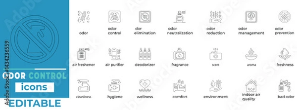 Fototapeta Editable odor control line art and vector icons for cleaning, hygiene, and air care industries. Minimalist, scalable, and print ready.