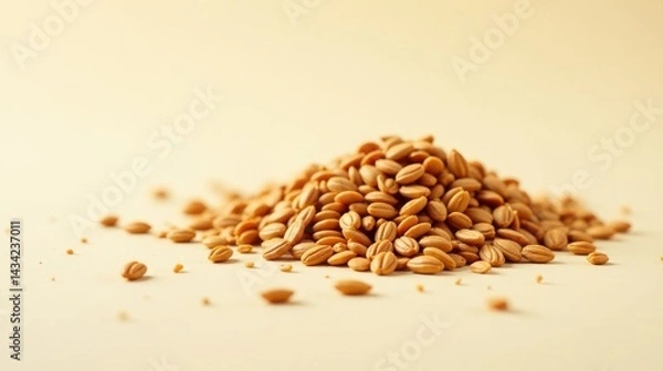 Fototapeta A Golden Abundance Close-Up View of a Pile of Small, Light Brown Grains on a Pale Yellow Surface