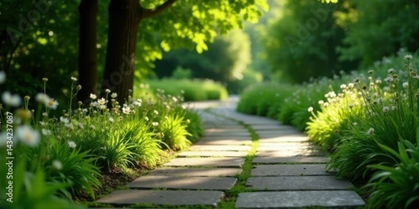 Fototapeta Serene Garden Path Illuminates a Tranquil Scene with Blooming Daisies and Lush Greenery