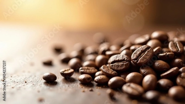 Fototapeta Aromatic Roasted Coffee Beans Scattered on a Dark Wooden Surface Illuminated by Warm Golden Light