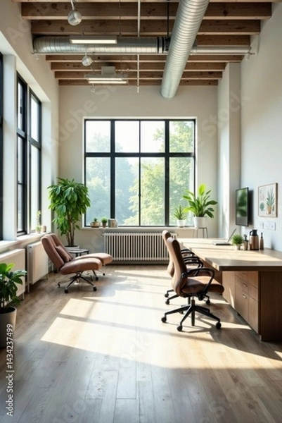 Fototapeta Sunlit Modern Office Workspace with Hardwood Floors and Large Windows