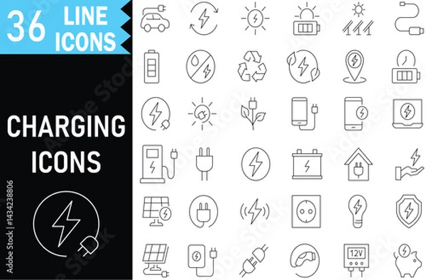 Fototapeta Electric Charging outline icons for EV, Battery, Renewable Power, USB, Station, Plug,Solar Panel and Cable. Editable Vector stroke pictograms. illustration EPS10