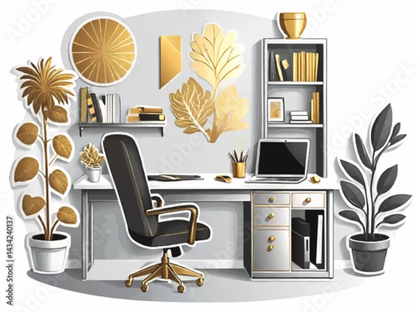 Fototapeta modern home office interior design with plants and computer vector illustration