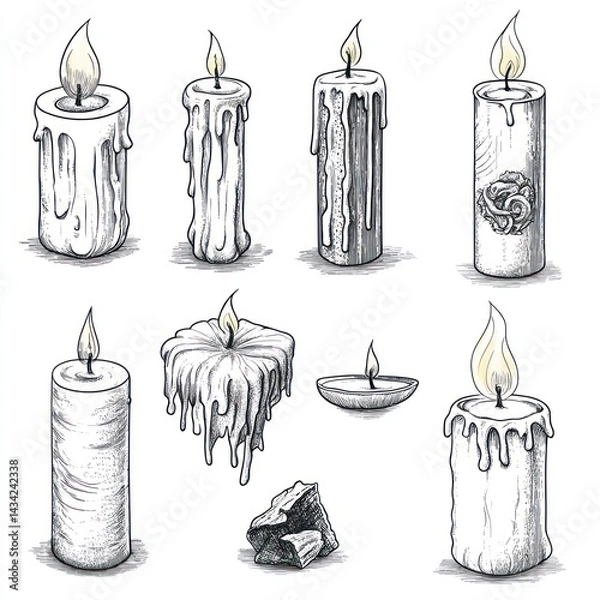 Fototapeta Several hand drawn candles of various shapes with burning flames