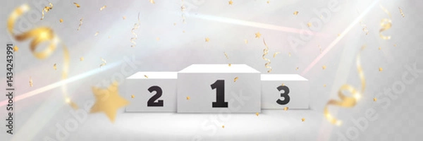 Obraz Winner podium with gold confetti and light rays, festive award ceremony stage, transparent background.	
