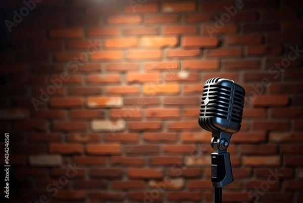 Fototapeta Brick Wall Comedy Stage with Dramatic Lighting and Mic