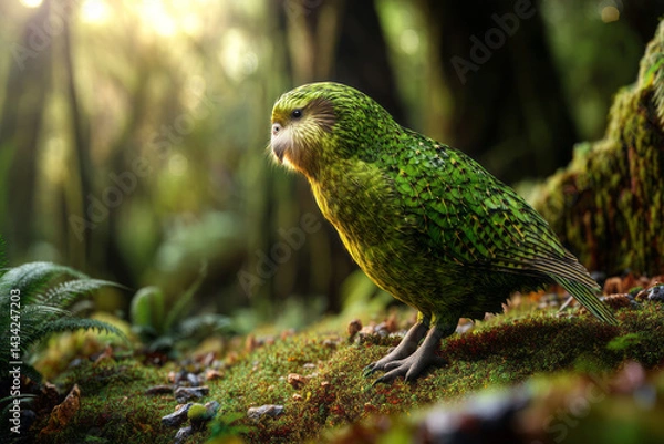 Obraz Close-up of a rare, mossy green kakapo parrot standing on a lush forest floor, bathed in soft natural light. AI generative.