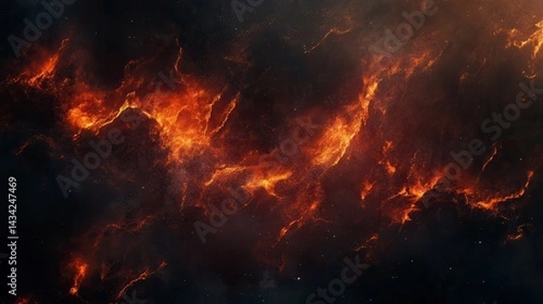 Fototapeta Fiery nebula with swirling orange and red gas clouds in space.
