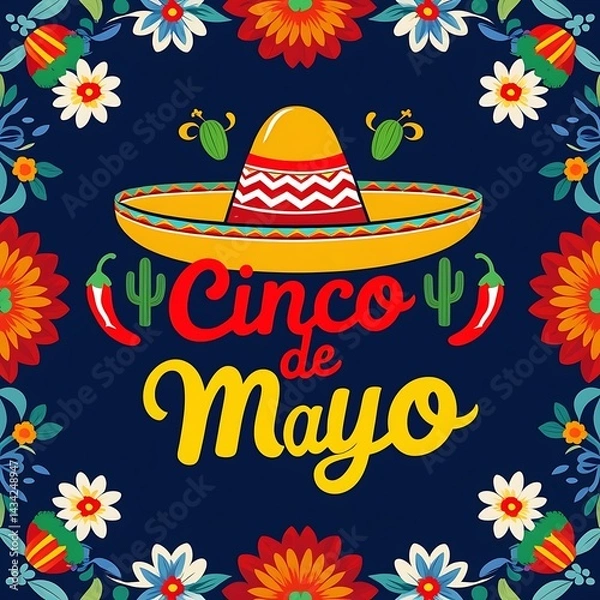 Fototapeta Colorful Cinco de Mayo Art: Traditional Sombrero Illustration with Peppers and a Decorative Floral Frame