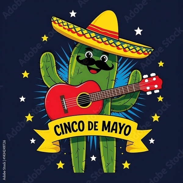 Fototapeta Joyful Cinco de Mayo Design: Smiling Cactus with Sombrero, Guitar, Mustache, and Starry Background