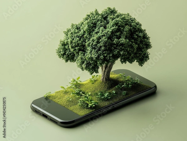 Fototapeta A detailed and realistic digital illustration of a lush green tree growing on a smartphone with embedded soil and grass, symbolizing nature technology and ecological technology concept