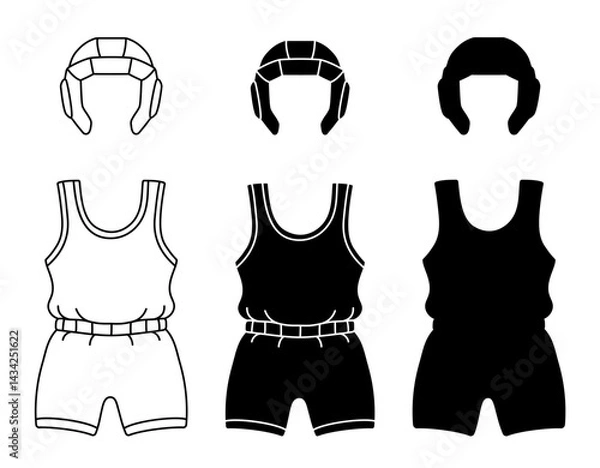 Fototapeta Wrestling Singlet Loose Bodysuit Clipart with Headgear Helmet - Outline and Silhouette Stamps on a Transparent Background