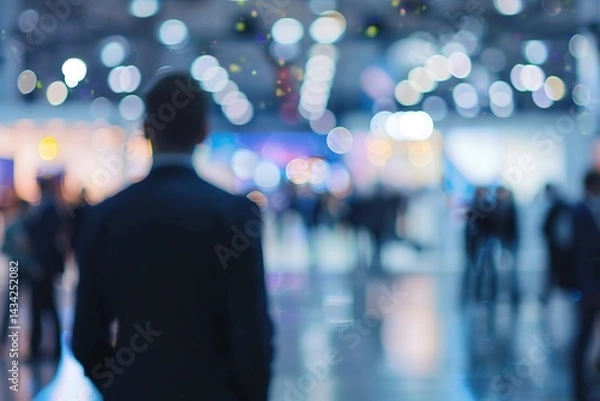 Fototapeta Man at convention or event looking out at blurred crowd and display of lights