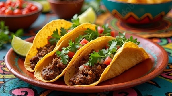 Fototapeta Three crunchy beef tacos garnished with cilantro and diced tomatoes, served on a festive table, perfect for Cinco de Mayo.
