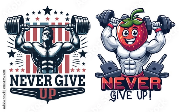 Fototapeta Motivational Fitness Graphics Muscular Man and Strawberry Lifting Weights