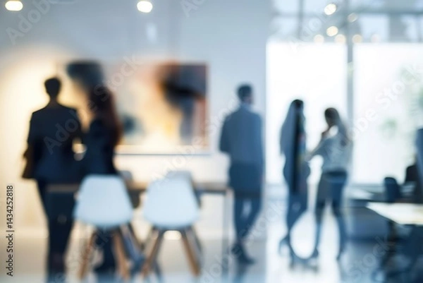 Fototapeta Blurred vision of office workers in a brightly lit modern open space environment
