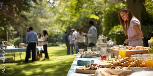 Obraz Outdoor gathering with a catered spread of food and drinks. People are mingling at this lovely event, with trees in the background.