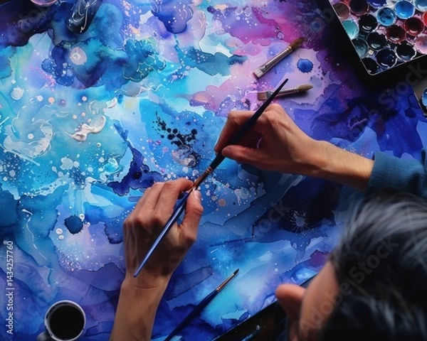Fototapeta A person paints a vibrant, abstract watercolor artwork using blue and purple hues, surrounded by brushes and a palette.
