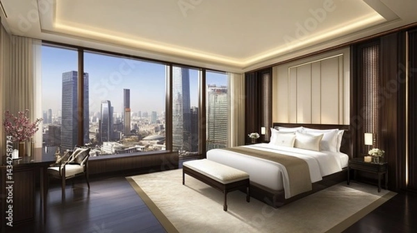 Fototapeta Luxurious hotel room with city view, king bed, and modern decor