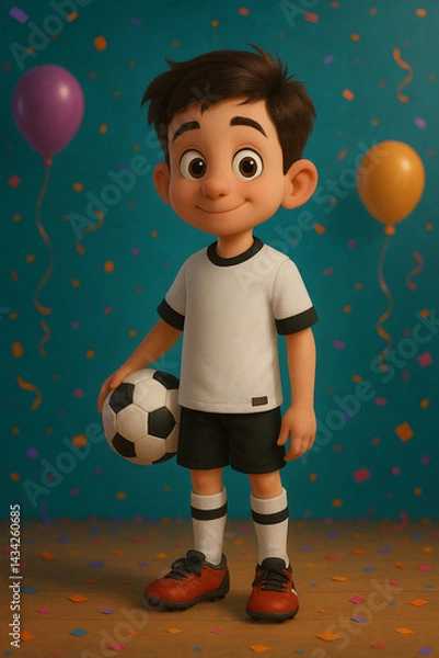 Fototapeta Ilustração de um menino com camisa branca de futebol. Uniforme de futebol. Segurando uma bola em um cenário festivo com balões e confetes coloridos.
