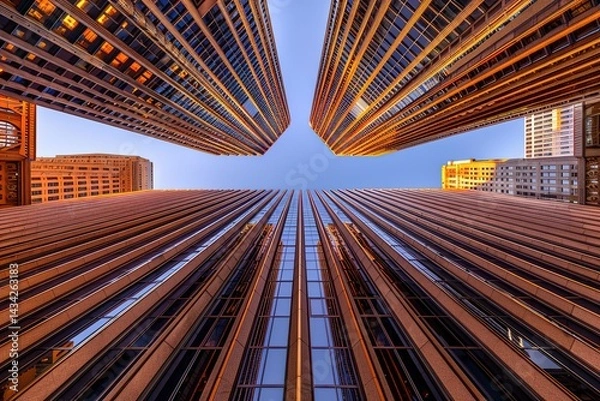 Fototapeta Downtown Skyscrapers: A Worm's Eye View of Urban Architecture Meeting the Clear Sky