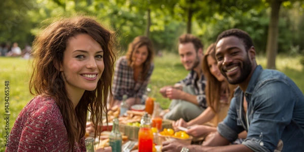 Obraz Friends enjoying a picnic in the park, with good food, drinks and company on a warm sunny day under the shade of trees.
