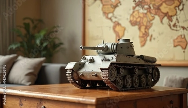 Fototapeta Model tank stands on wooden table, world map background. Military vehicle in home decor, war history. Model of battle tank in room interior, museum for military tech enthusiasts.