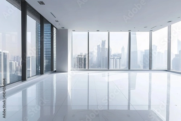 Fototapeta Modern office space with large windows overlooking the city skyline on a bright day