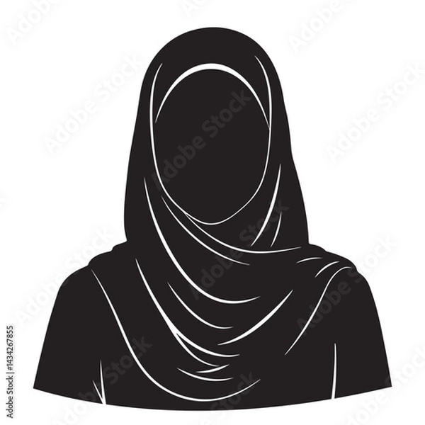 Obraz Vector black silhouette of Muslim woman in hijab, close-up front-facing with curved torso effect on white background