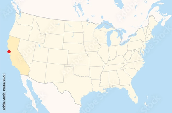 Fototapeta Location Map of the city San Francisco in California, USA. The state is marked orange and the city is highlighted with a red dot. No labels at all.