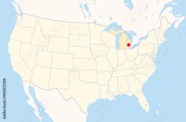 Fototapeta Location Map of the city Pontiac in Michigan, USA. The state is marked orange and the city is highlighted with a red dot. No labels at all.