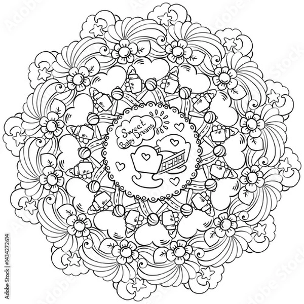 Obraz Doodle mandala with accessories for baby sleep, meditative coloring page for a baby shower party or holiday activity
