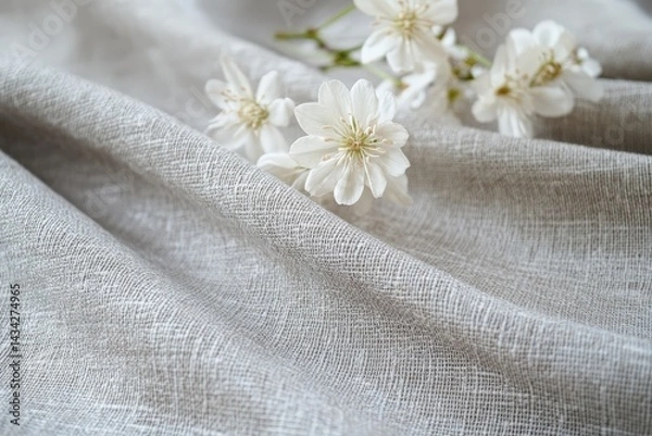 Fototapeta Delicate white blossoms resting on a soft, light gray linen fabric.