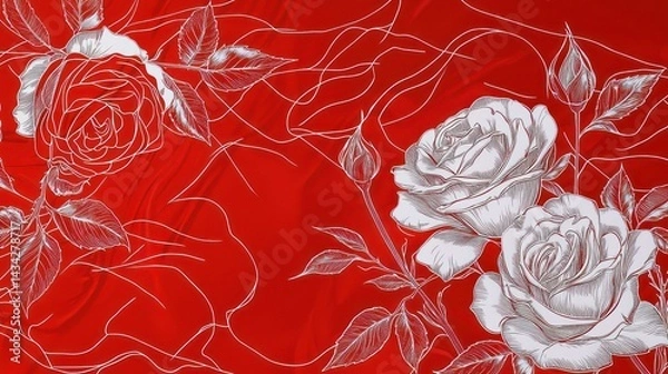 Fototapeta Artistic white outlines of roses and leaves overlapping on a smooth and vibrant red canvas with a bold finish.