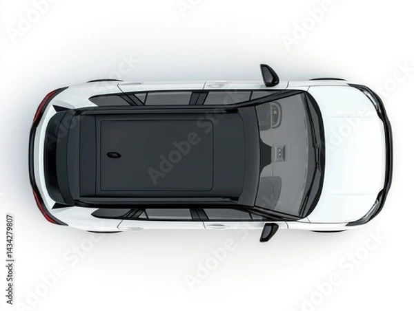 Fototapeta A white SUV with a black panoramic sunroof viewed from above