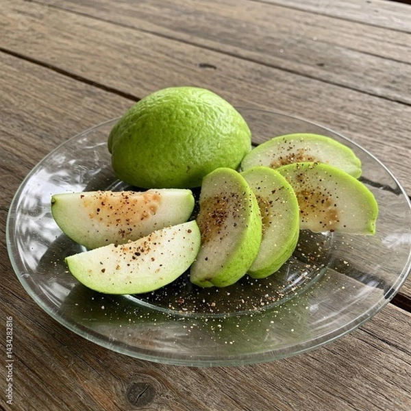 Fototapeta fresh green guavas on a olate