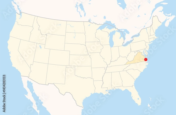 Fototapeta Location Map of the city Norfolk in Virginia, USA. The state is marked orange and the city is highlighted with a red dot. No labels at all.