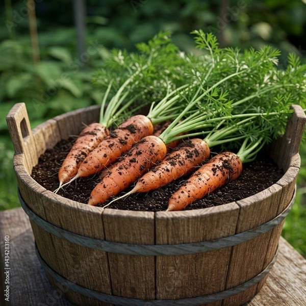 Fototapeta Crunchy carrots in a clay pot, soil details and rustic garden backdrop under diffused daylight.