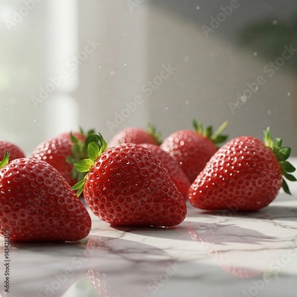 Obraz Bright red strawberries with dew drops, soft bokeh background, and minimalist composition for premium visuals.