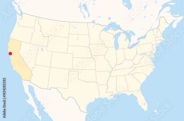 Fototapeta Location Map of the city Petaluma in California, USA. The state is marked orange and the city is highlighted with a red dot. No labels at all.