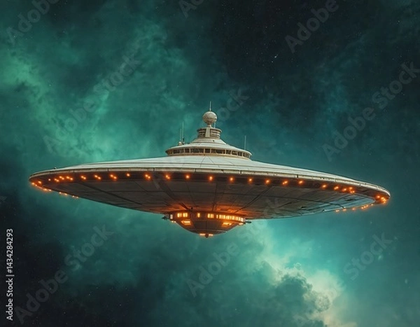Fototapeta Alien spaceship flies across cosmic background. Retro sci-fi art. UFO futuristic space exploration. Flying saucer against starry sky and nebula. Extraterrestrial vehicle in deep space adventure.