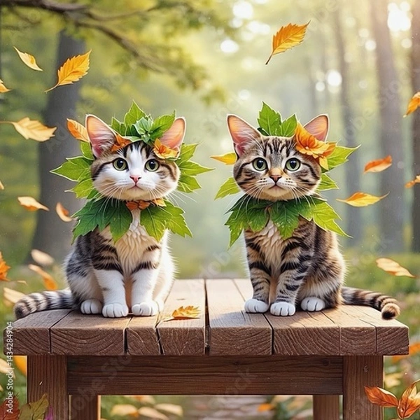 Fototapeta Two adorable tabby cats in autumn capes and crowns are sitting on a bench in the forest, creating a fabulous and sweet atmosphere.
